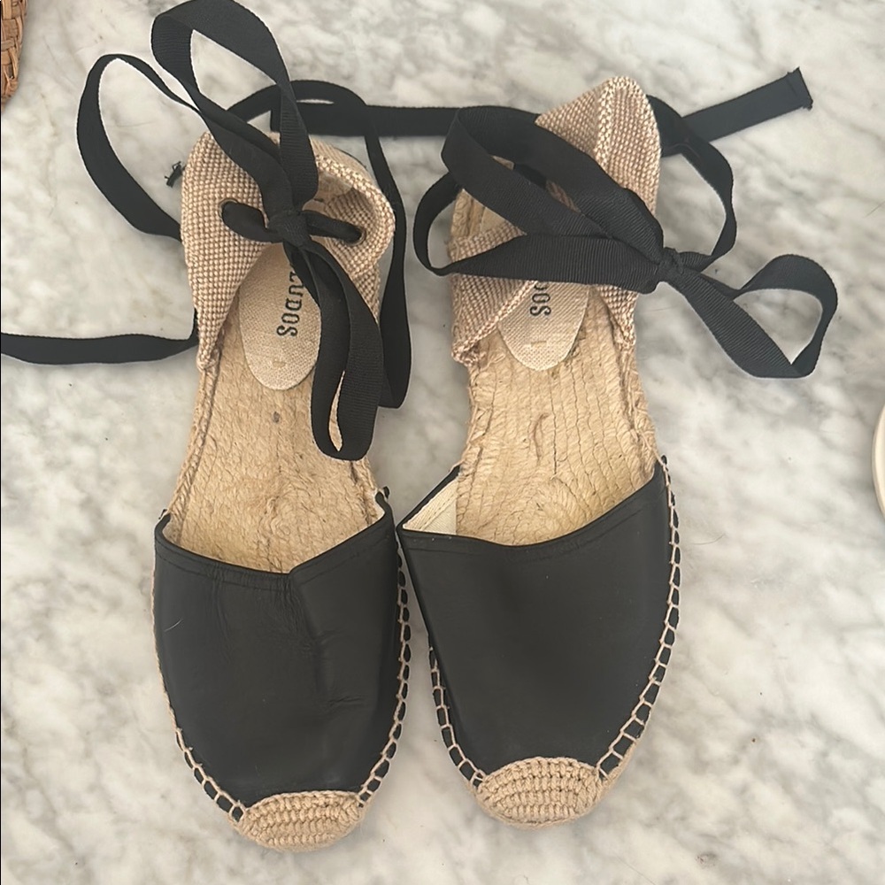 Soludos Black and Cream Espadrilles with Ankle Wrap